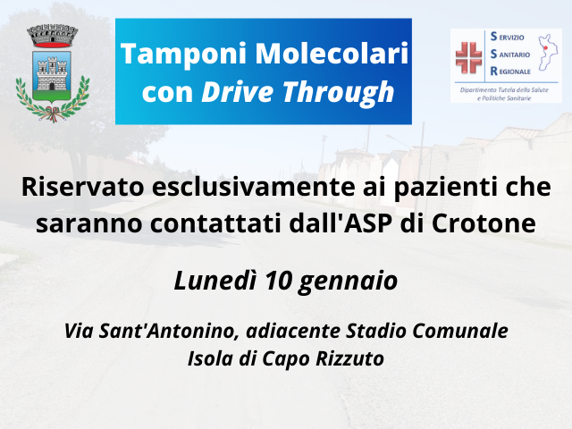 Tamponi in Drive Through, lunedì punto attivo in Via Sant'Antonino